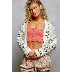 Button Down V-Neck Long Sleeve Cropped Crochet Cardigan